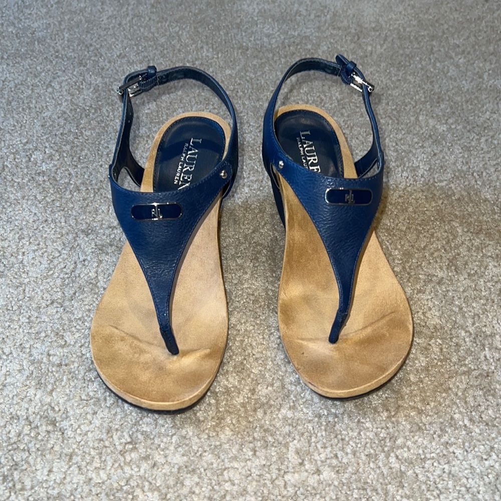 Ralph Lauren Navy Leather Thong Sandal with Tan Footbed